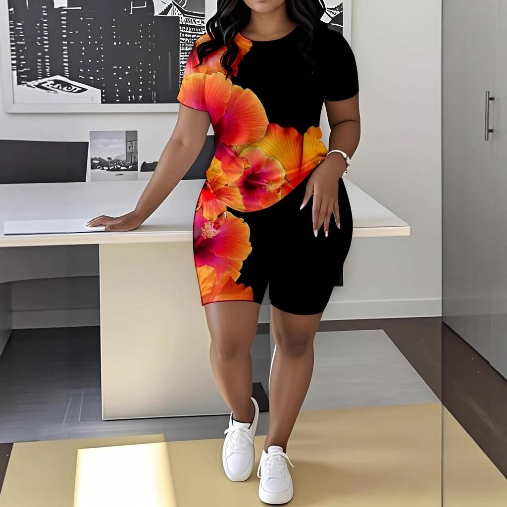 Leopard Print Splicing Women's Casual Suit Short-sleeved Shorts 1D Digital Flower Printing Fashion T-shirt Set