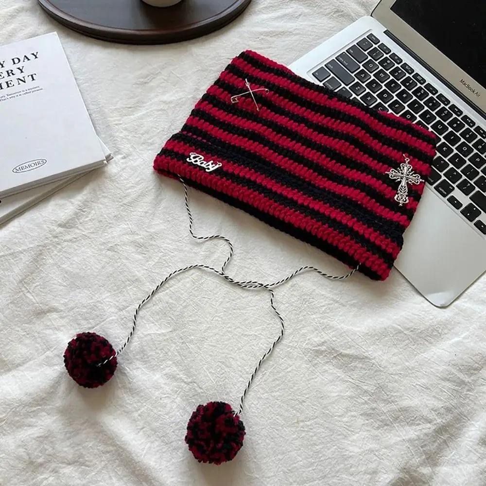 Y2K Beanie Hat Women Ins Devil Ear Striped Knitted Wool Cap Autumn Winter Hip-hop Crochet Cute Cat Ears Pointed Pullover Hats