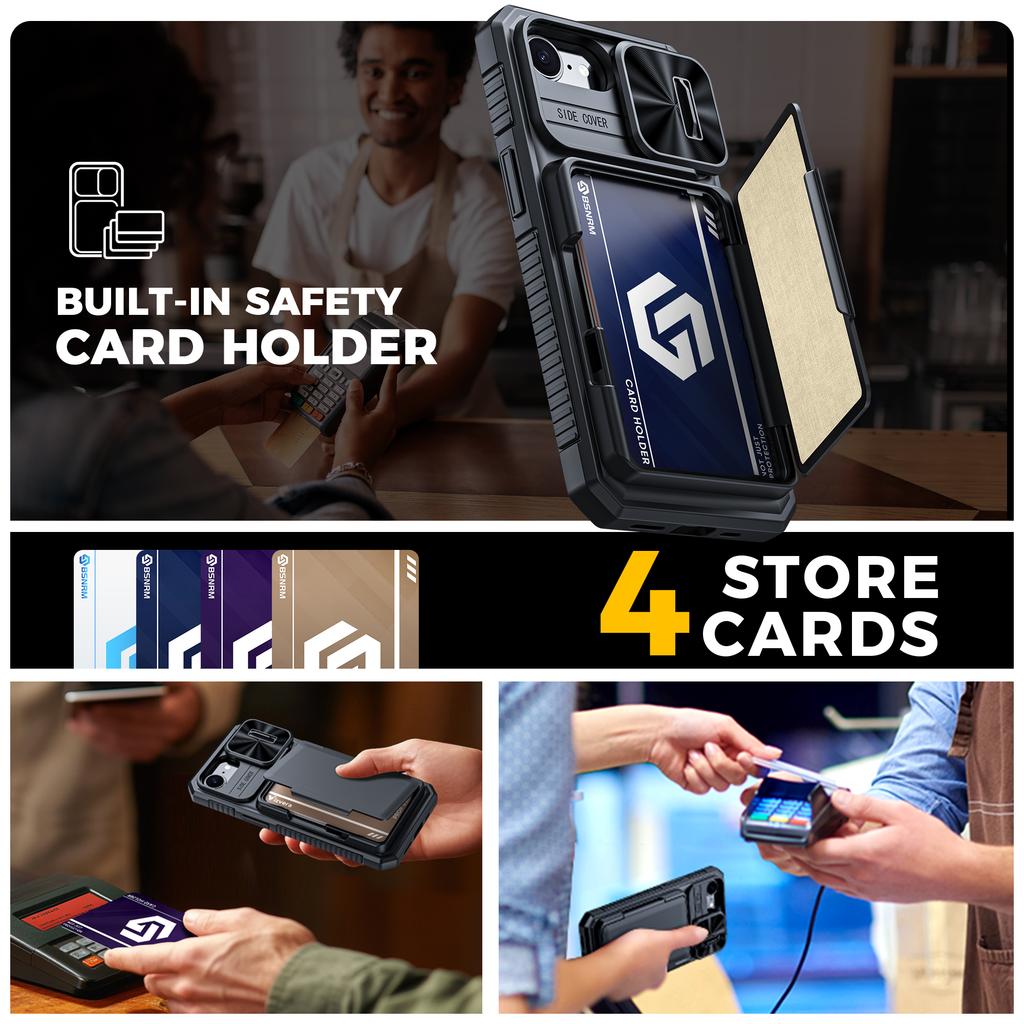 RFID-Blockierende Geldbörsenhülle mit Kartenhalter, ausziehbarer Kameraabdeckung, PC+TPU Schutzhülle für iPhone 16e/iPhone 17e - Schwarz