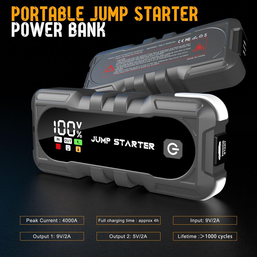 Portable Jump Starter Power Bank Fast Charging LED Light Car Battery Charger Truck & Motorcycle Peak Current 2500A