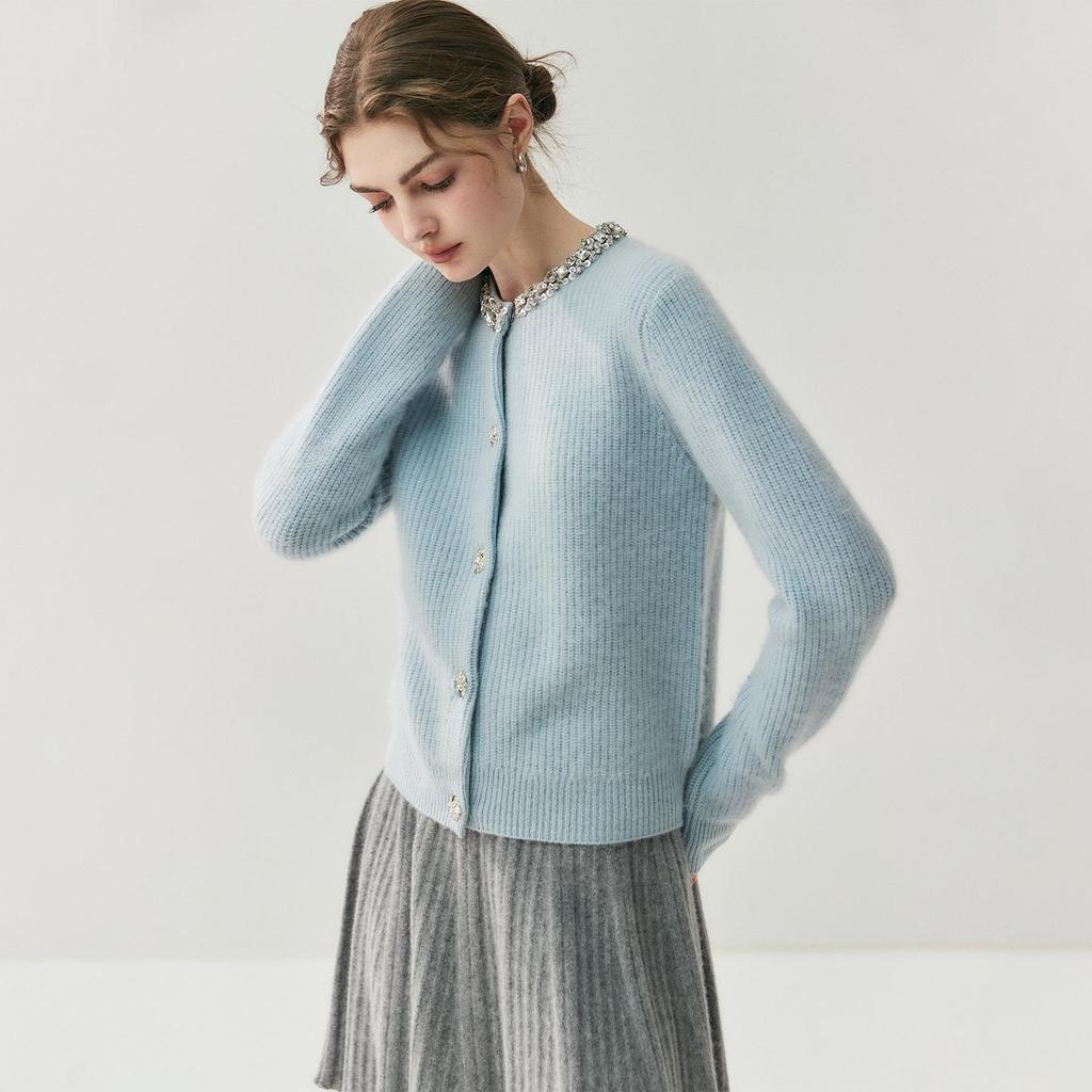 Stylish Rhinestone Cashmere Cardigan for Women - Lightweight, Warm, Skin-Friendly Knit Sweater for Autumn/Winter