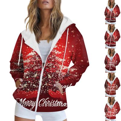 Damen Weihnachtspullover mit Aufdruck, Herbst/Winter, langärmelig, Strickjacke, mit Taschen, Reißverschluss, Kapuzenpullover, Oberbekleidung
