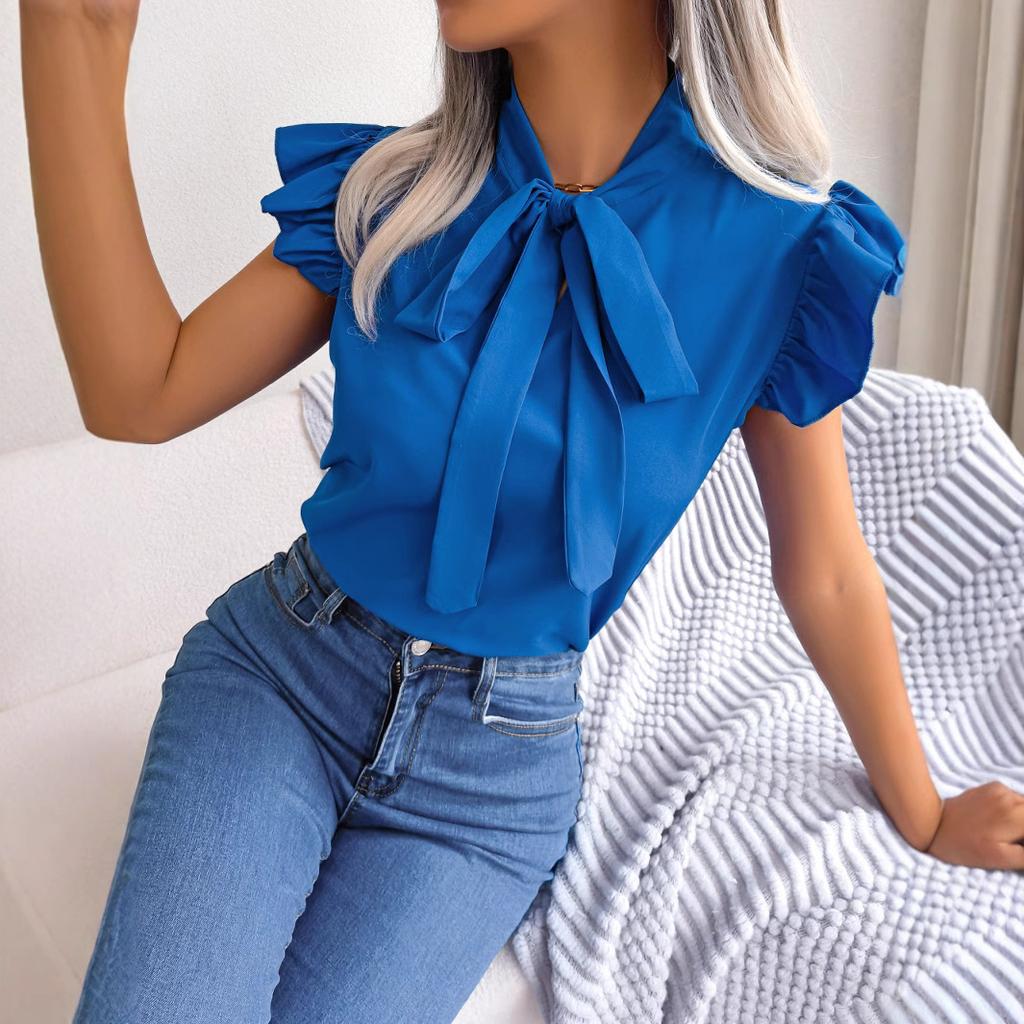 Women Tie Neck Ruffle Sleeve Solid Blouse