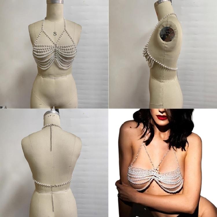 Pearls Body Chain Bra Multilayer Pearls Chest Chains Body Accessories Jewelry for Women Girls Nightclub Raves Body Jewel