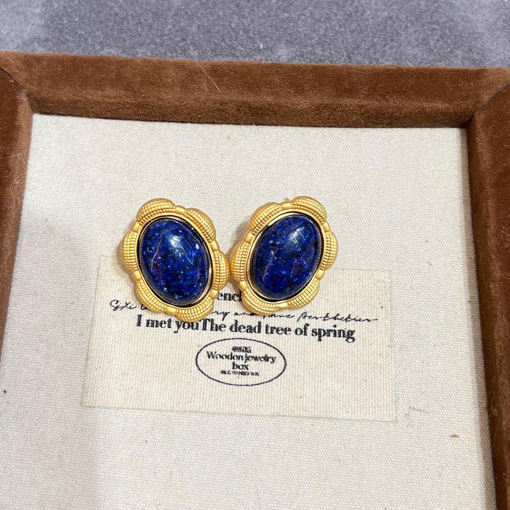 Electroplated Dumb Gold Retro Earrings Premium Sense French Natural Lapis Lazuli Water Drop Earrings