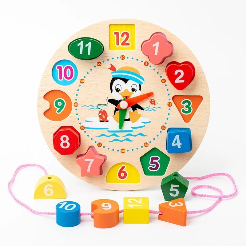 Children s Wooden Clock Puzzle Toys Cognitive Numbers Clock Educational Early Learning Threading Assembly Toys for Kids