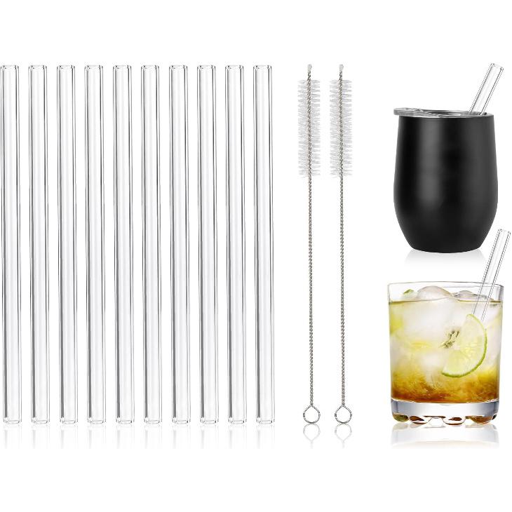 [10 Pcs] Reble Short Bent Glass Straws - 6" x 10 mm Clear Glass Straws Shatter Resistant Cocktail Straw With 2 Cleaning Brushes for