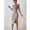 Women Summer Style Knitted Suspender Dress Lady Sleeveless Square Collar Side Slit Skirt Dress Vestidos