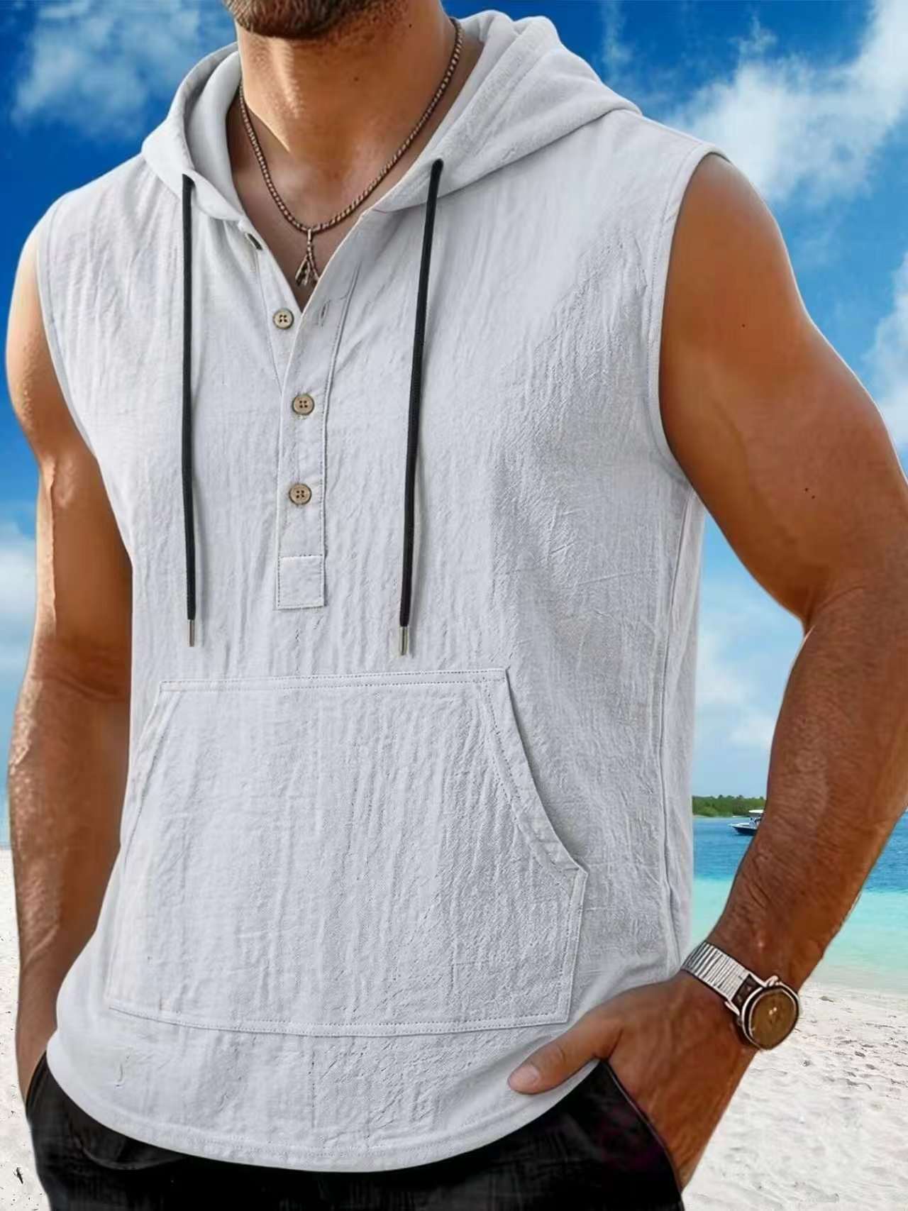 Men Solid Color Loose Casual Sleeveless Hooded Shirt S белый