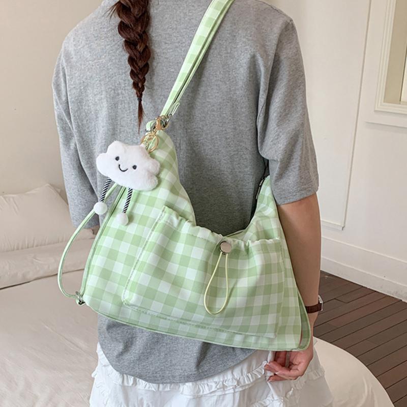 Borsa a Spalla Plaid Carina da Donna Grande Capacità Tracolla Regolabile Borsa a Tracolla Zaino con Coulisse e Cerniera Ciondolo a Forma di Nuvola