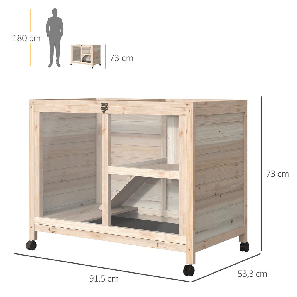 Small Animal Hutch with 2 Levels, 4 Wheels, Sealed Fir Wood, Natural