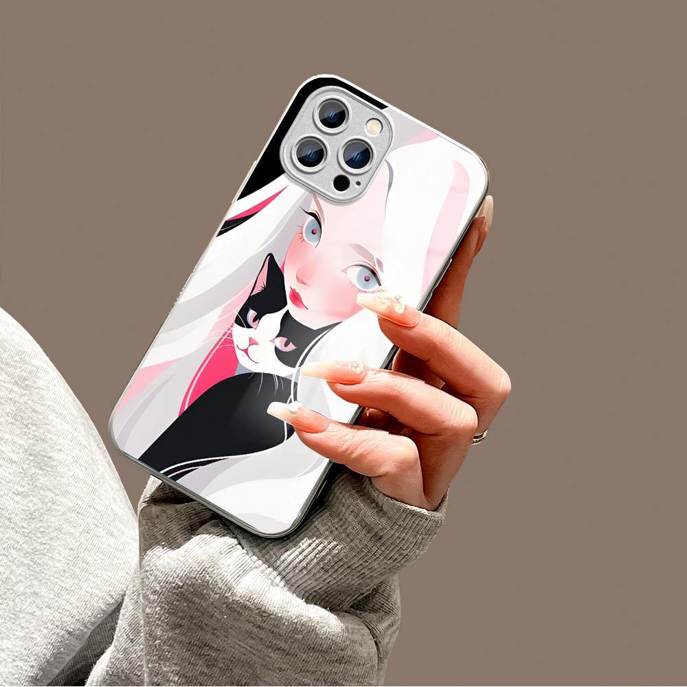 Mädchen Schwarze Katze Handyhülle Metallic Lack Gehärtetes Glas Stoßfeste Hülle für iPhone Samsung Huawei Honor Xiaomi Redmi OPPO Realme OnePlus Vivo