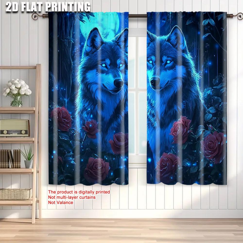 2pcs   Popular Curtain Panels  plane printing Mystical Wolf & Blue Roses Polyester (without rod) Decorations For Home for Home