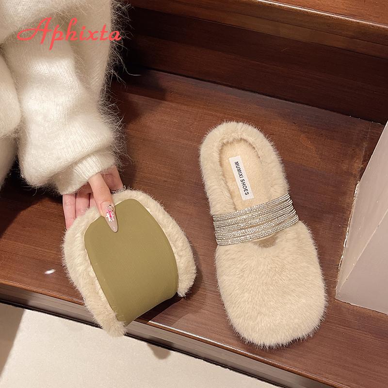 Aphixta Flache mit Fellpantoffeln für Damen Kristallband Slipper Damen Pantoletten Koreanischer Stil Luxusmarkenschuhe Designer