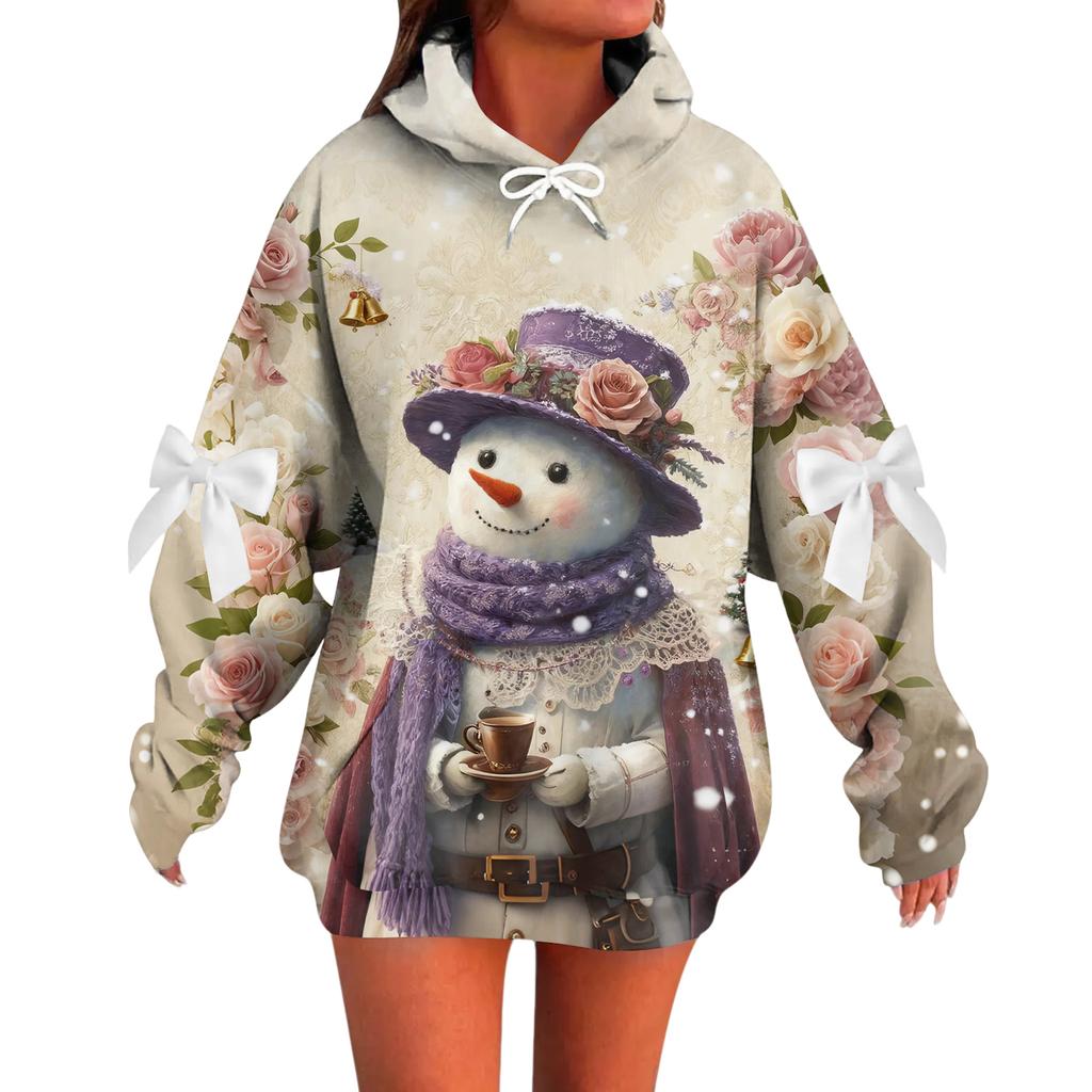 Ladies' Christmas Printed Bow Long Sleeved Loose Fitting Headband With Rope Hooded Sweatshirt Top