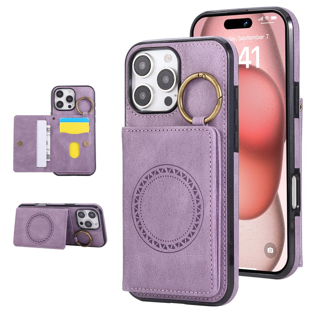 For iPhone 16 Pro Max Case Card Holder Kickstand Leather + TPU Phone Cover with Ring Holder