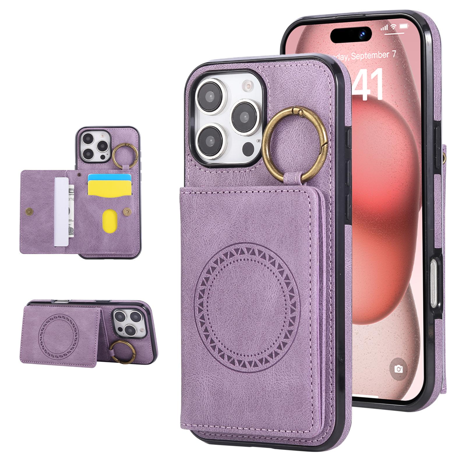 

For iPhone 16 Pro Max Case Card Holder Kickstand Leather+TPU Phone Cover with Ring Holder Purple