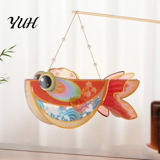 Traditional Style Home Decor DIY Fish Lantern Kit, Chinese Handheld Light Up with Culture Craft Handle, Mid-Autumn Spring Festival Kit for Kids Adults