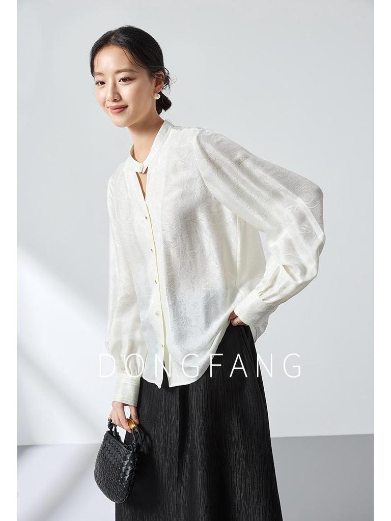 2026 Spring Mulberry Silk Satin Stand Collar Jacquard Shirt - Elegant Ink Wash Style