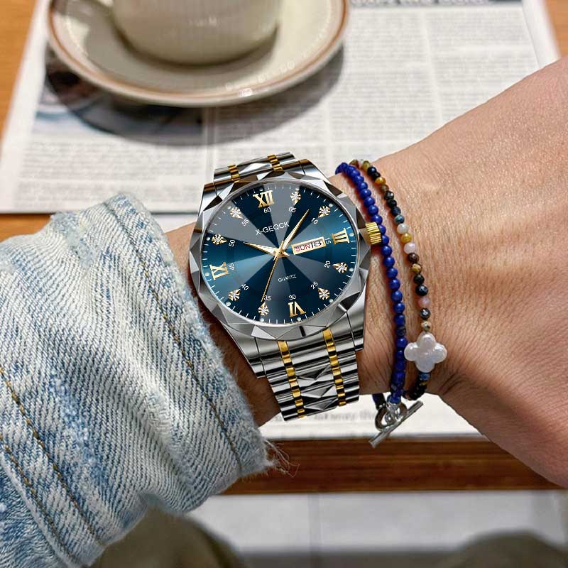 New Luxury Men's Quartz Watch Alloy Case Glass Waterproof Chronograph Stainless Steel Band Factory