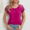 Spring Summer Solid Color Round Neck Lace Patchwork Short Sleeved T-shirt Top for Women Shirt
