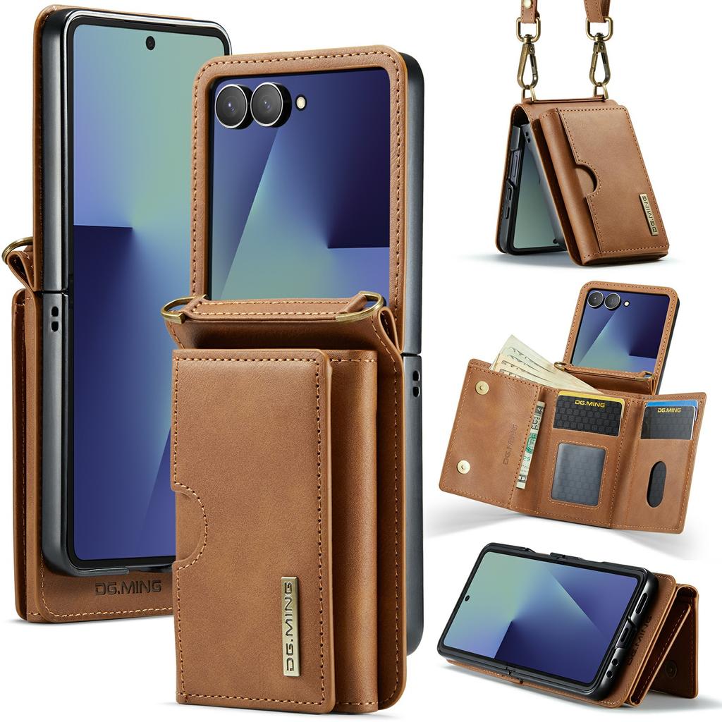 DG.MING M6 Series For Samsung Galaxy Z Flip7 5G Foldable Case PU+PC Phone Cover with Wallet/Shoulder Strap