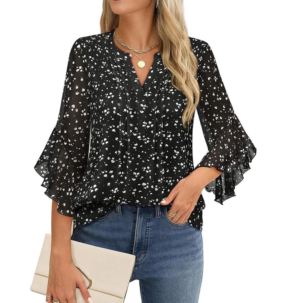 My Garderobe Authorization Damenblusen Chiffon Rüschen Kurzarm V-Ausschnitt Business Casual Tops Sommer süßes Hemd