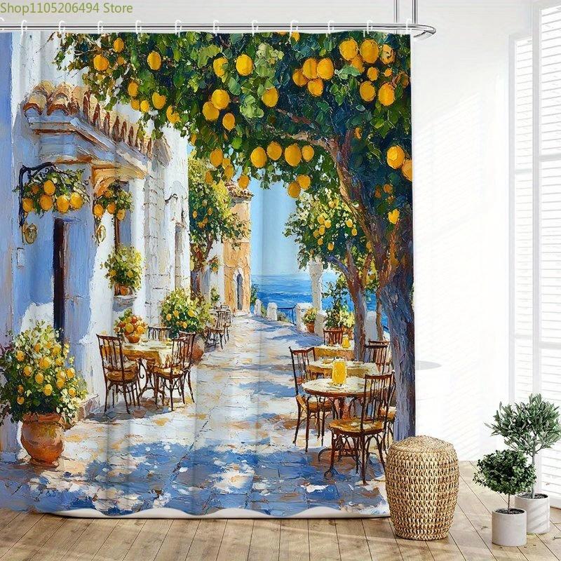 Textile Article Light 1Pc Vibrant Mediterranean Street Scene Shower Curtain, Sunlit Whitewashed Buildings, Lush Lemon Trees, Cobblestone Path, Clear