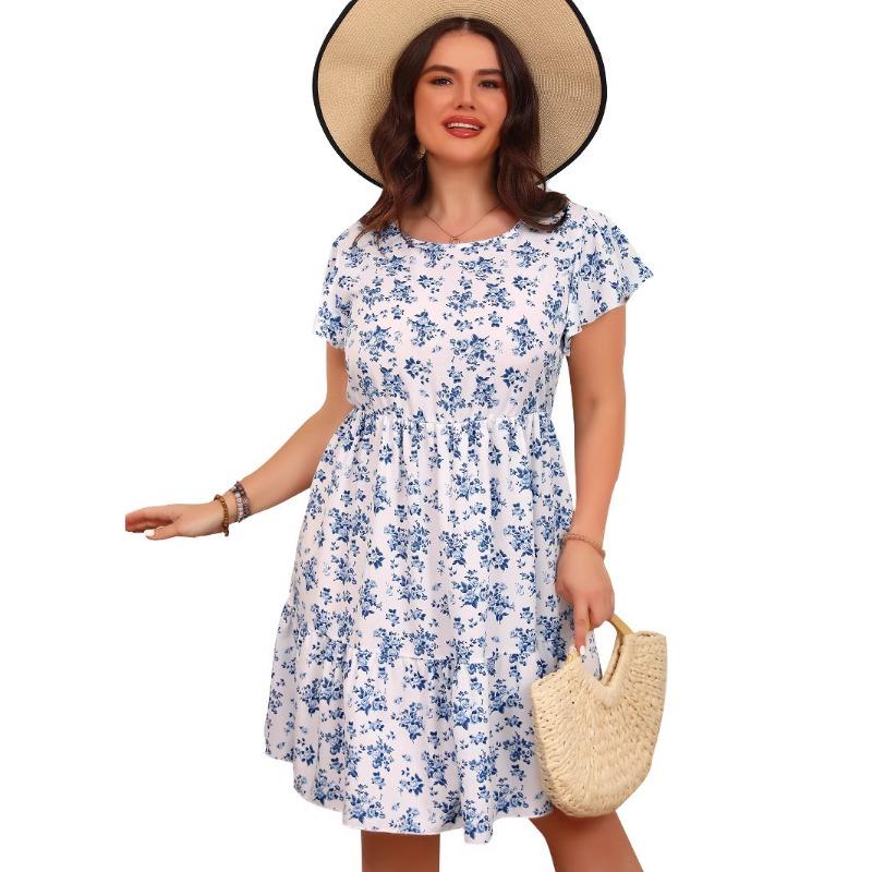 Robe Douce de Vacances pour Femmes Printemps/été Col Rond Florale Mi-longue