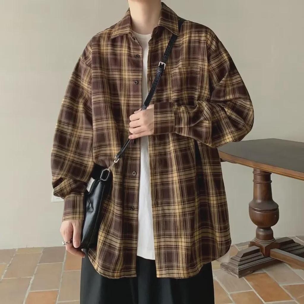 Men's Japanese Retro Plaid Long Sleeve Shirt - Casual Loose Fit for Spring and Autumn