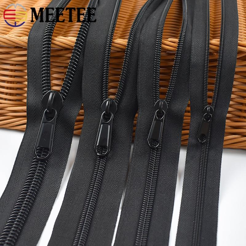 Meetee 3# 5# 8# 10# 10M Black Nylon Roll Zippers + 10Pcs Zipper Pullers Clothes Sewing Zip Slider Head Zips Repair Accessoies