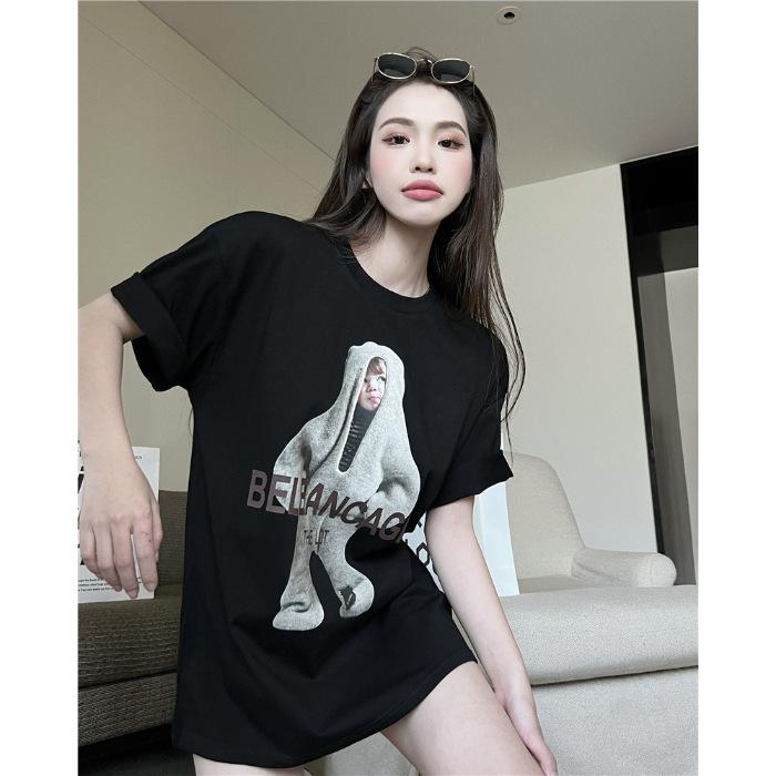 

American funny child print black short-sleeved T-shirt women s spring and summer pure cotton neutral loose lazy medium and long top 3XL