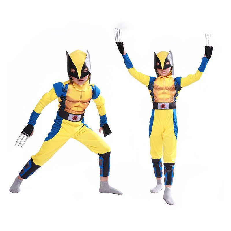 Exquisites blau-gelbes Wolverine-Muskelkostüm für Kinder und Erwachsene, ideal für Halloween-Partys