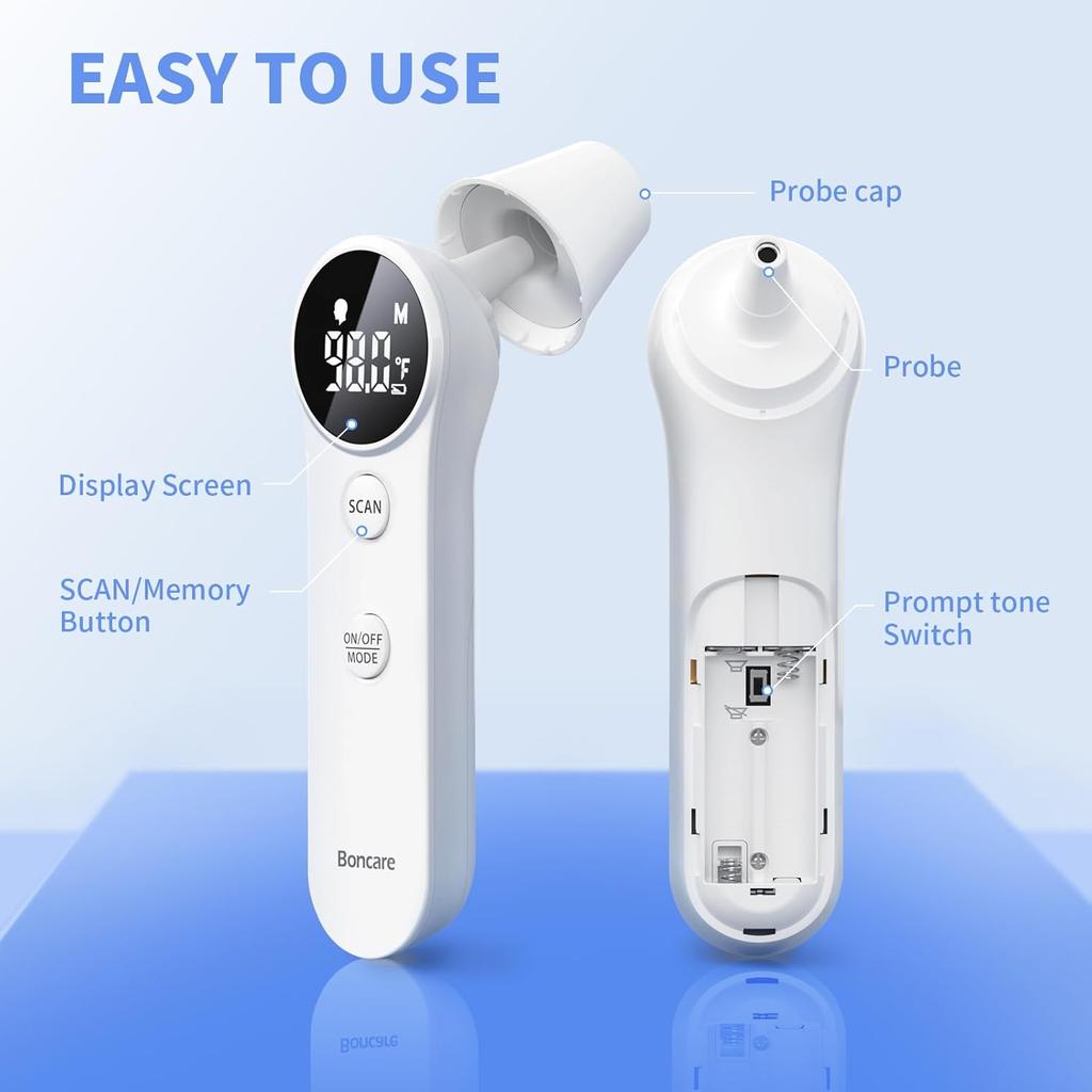 Boncare Ear and Forehead Thermometer, 2X Accuracy Infrared Digital Thermometer for Adults and Kids, 1 Second Reading, No Touch Baby with Fever Alarm,