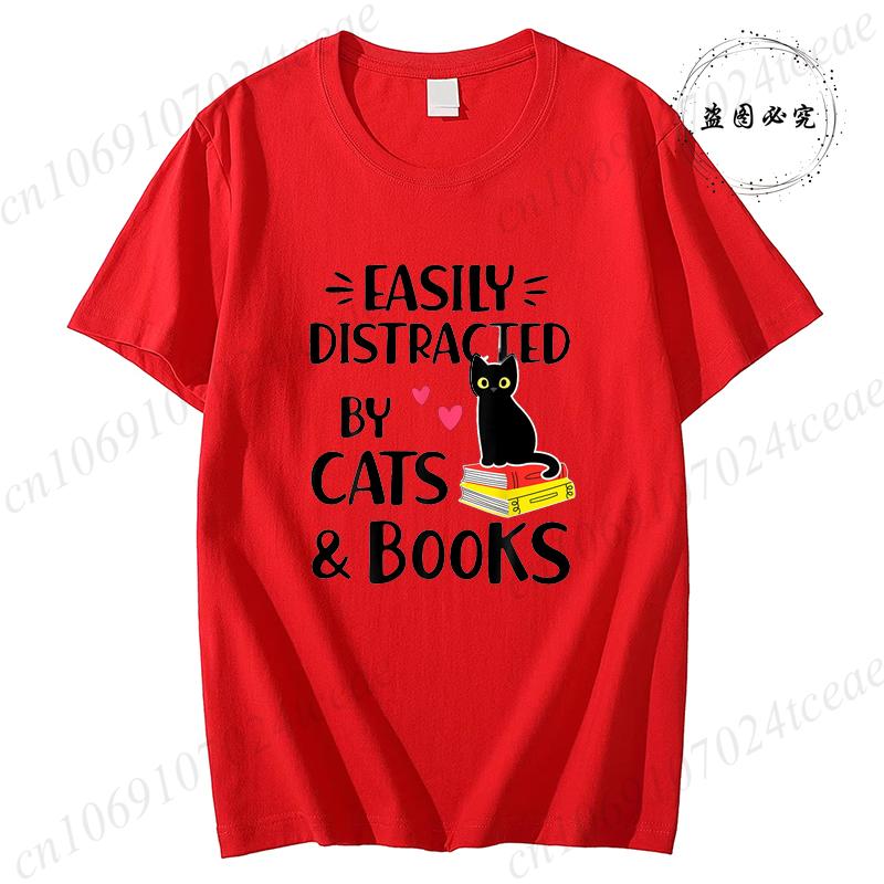 Short Sleeve Tshirt for Unisex Tee Clothes Easily Distracted By Cats and Books Tee Tops Book Reader Top Y2K Unisex Casual Clothes