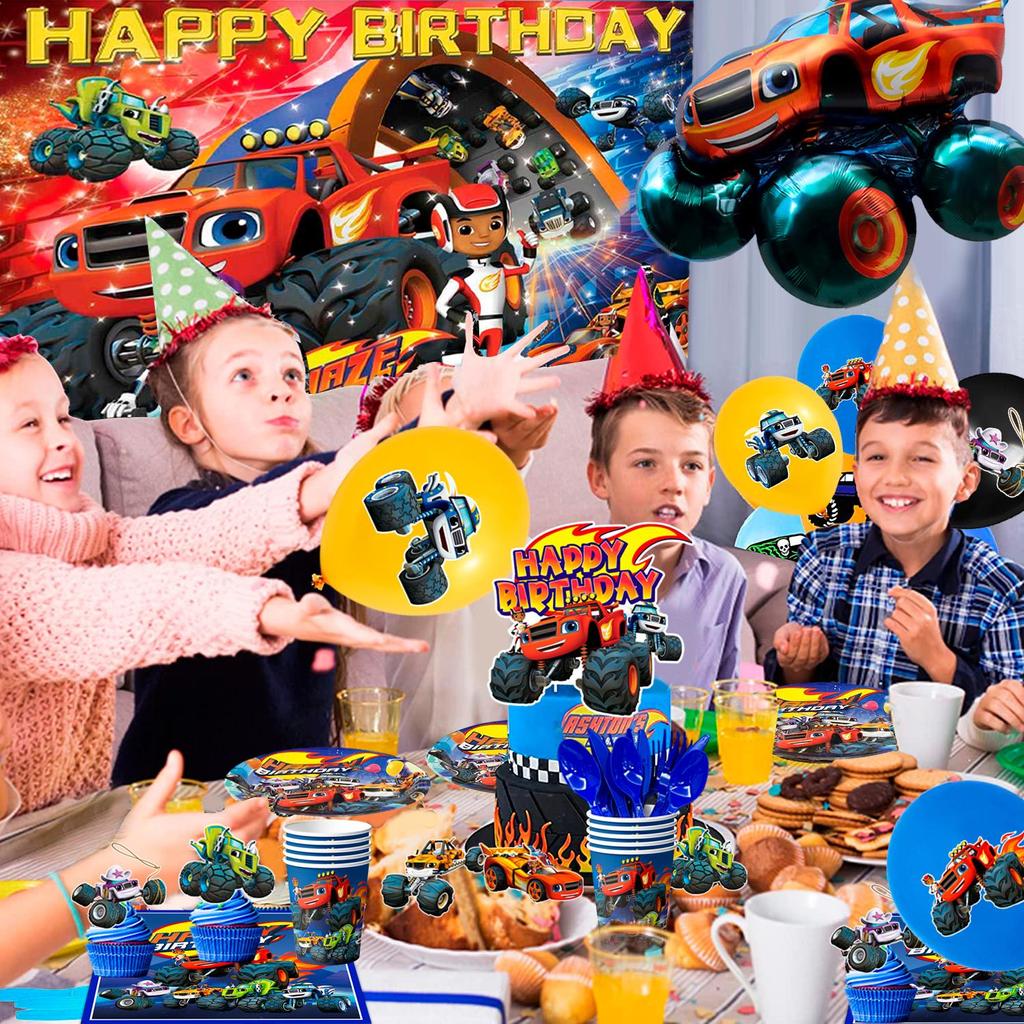 Forniture per Festa Monster Truck, 140 pezzi Decorazioni e Stoviglie per Compleanno Monster Truck - Piatti Sfondo per Compleanno Monster Truck, Decorazioni per Festa Blaze