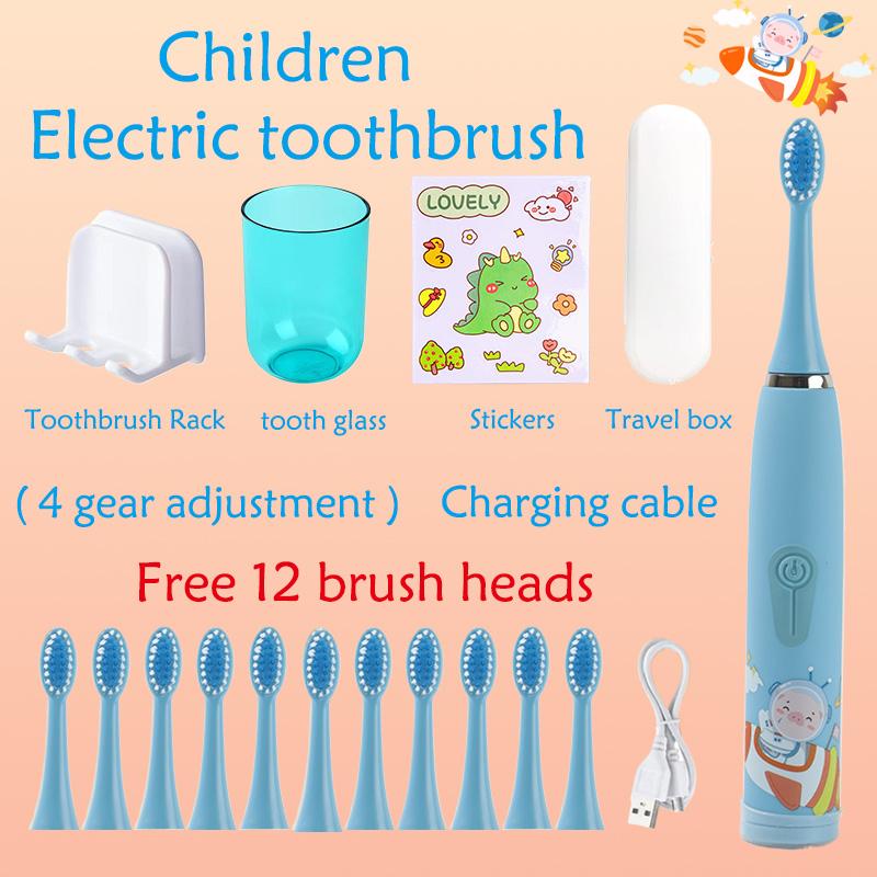 Elektrische Schallzahnbürste für Kinder, wasserdicht, per USB wiederaufladbar, Timer mit Ersatzkopfbecher, Zahnbürstenhalter, Reisebox-Set
