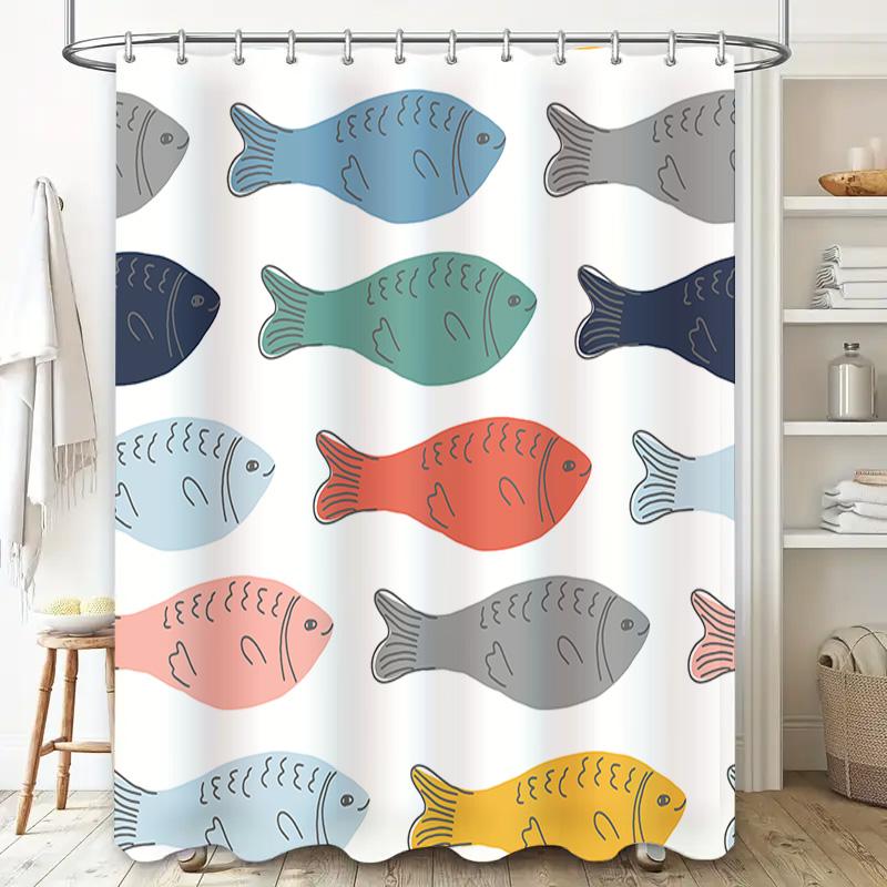 Whimsical Fish Shower Curtain Multicolor Pattern Decorative Fabric Waterproof Bath Rug Cover For Home Decoration In Bathrooms