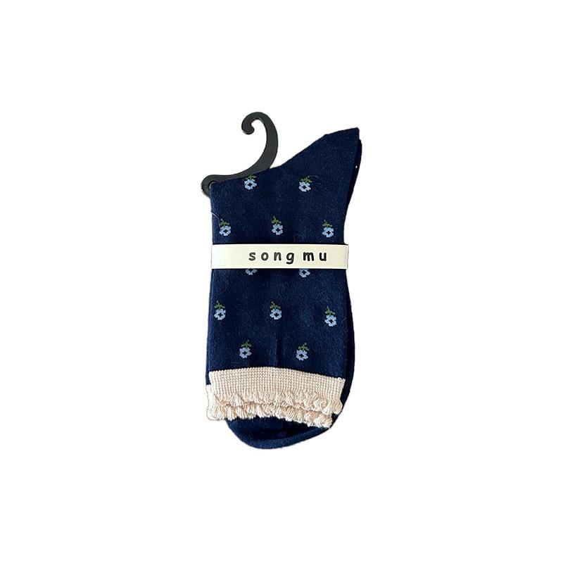 Navy Blue Socks Sweet Little Floral Socks Boneless Fungus Edge Piles Of Socks Autumn Cotton Socks