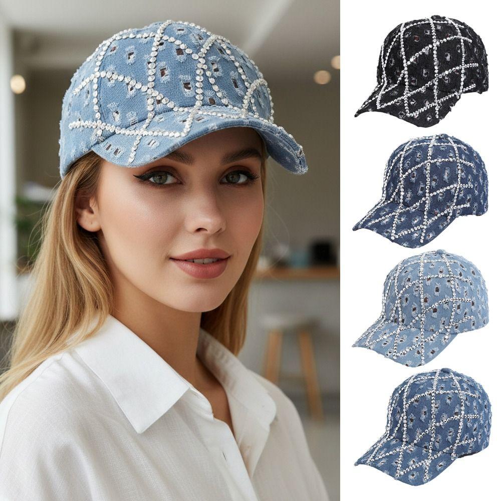 Sparkling Distressed Denim Baseball Caps Grid Sun Hats Fashion Rhinestone Baseball Cap for Women