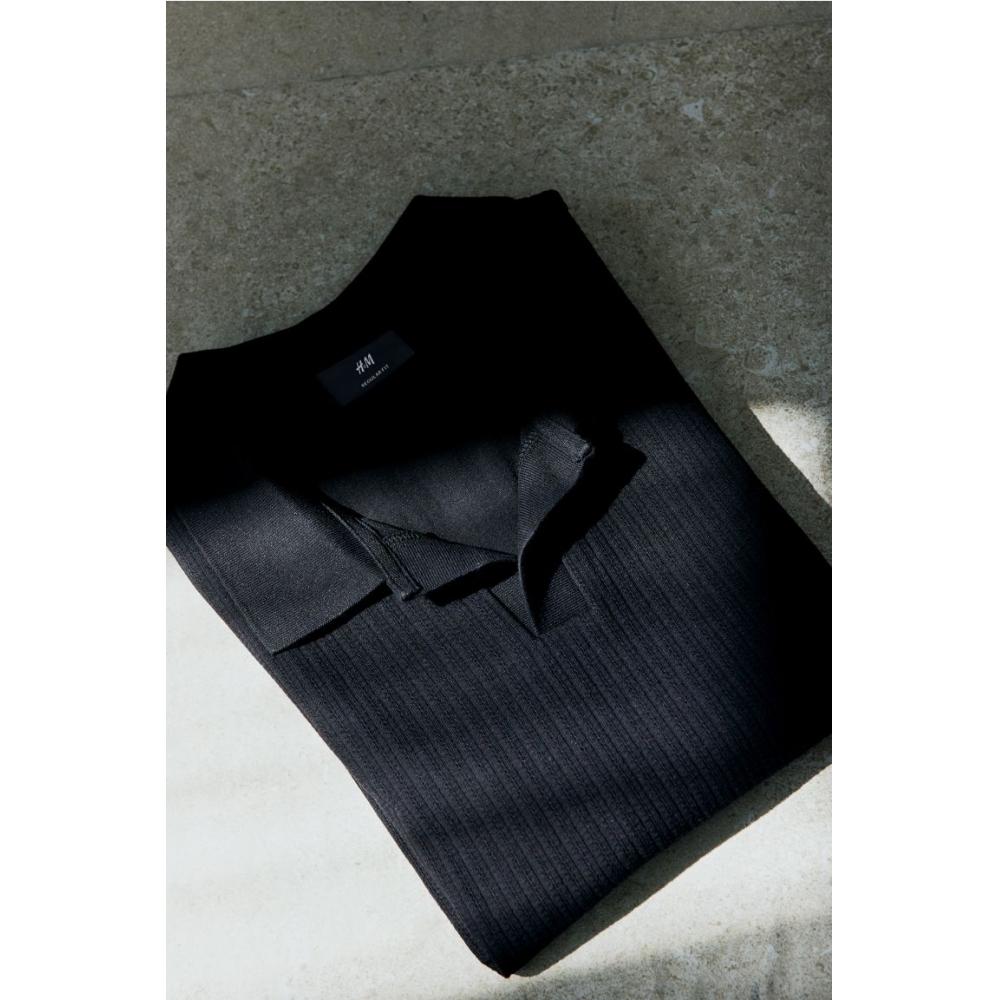 H M Regular Fit Textured Polo sHirt Black