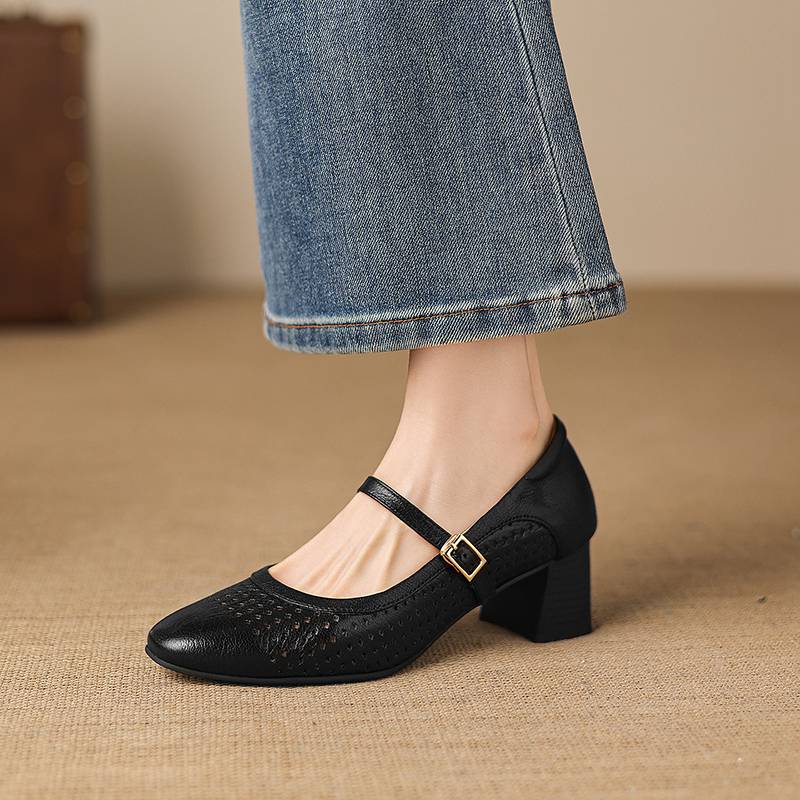 Krazing Pot Sheepskin Round Toe Thick Heels Summer Shoes Solid Big Size 42 Hollow Decoration Women Shallow Pumps