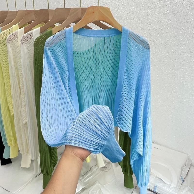 WTEMPO Zomers dun los gebreid vest met airconditioning en zonbescherming, hemdje met lantaarnmouwen, kort topje, jas voor dames one size blauw