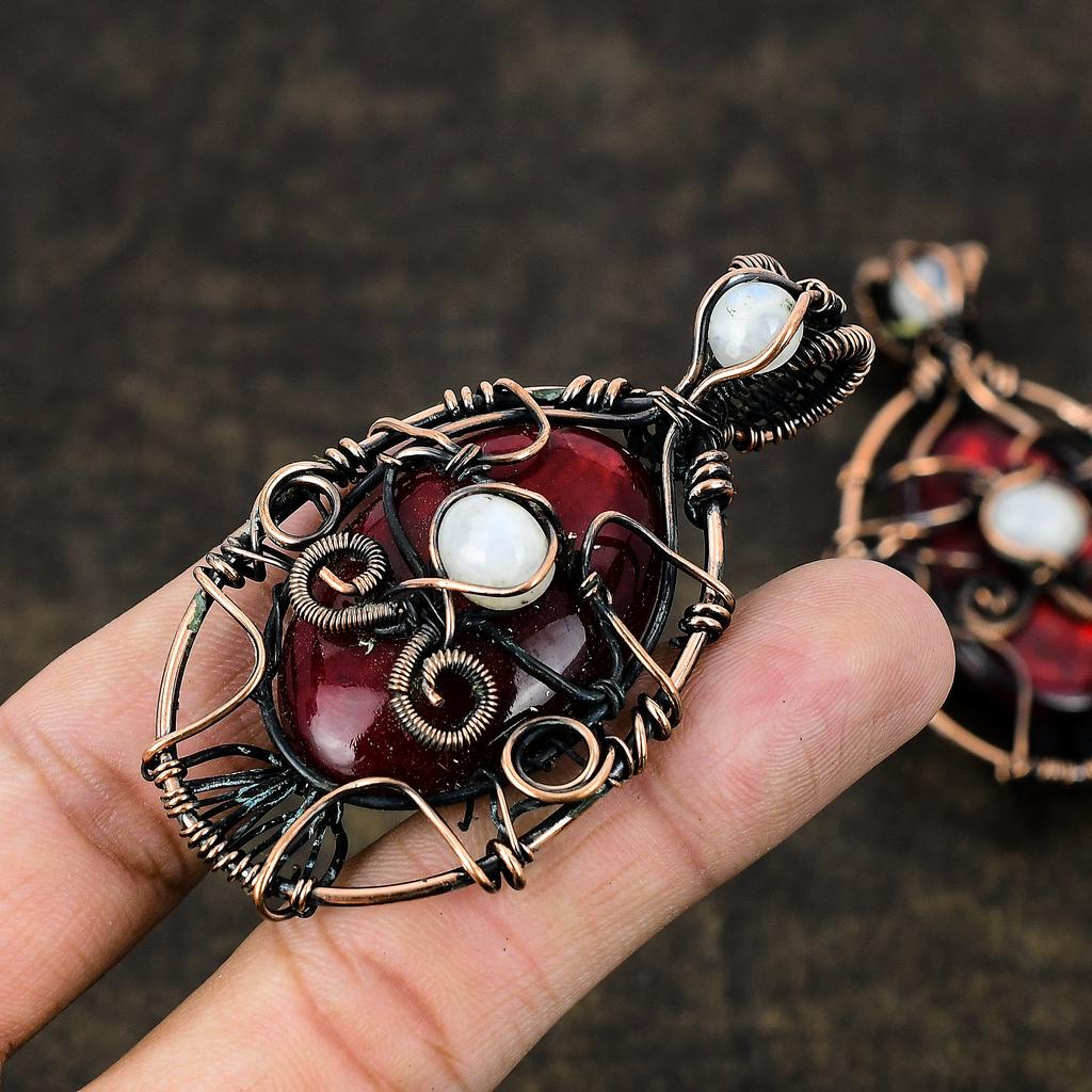 Natural Red Labradorite, Moonstone Gemstone Copper Wire Wrap Pendant 2.87" O5b07