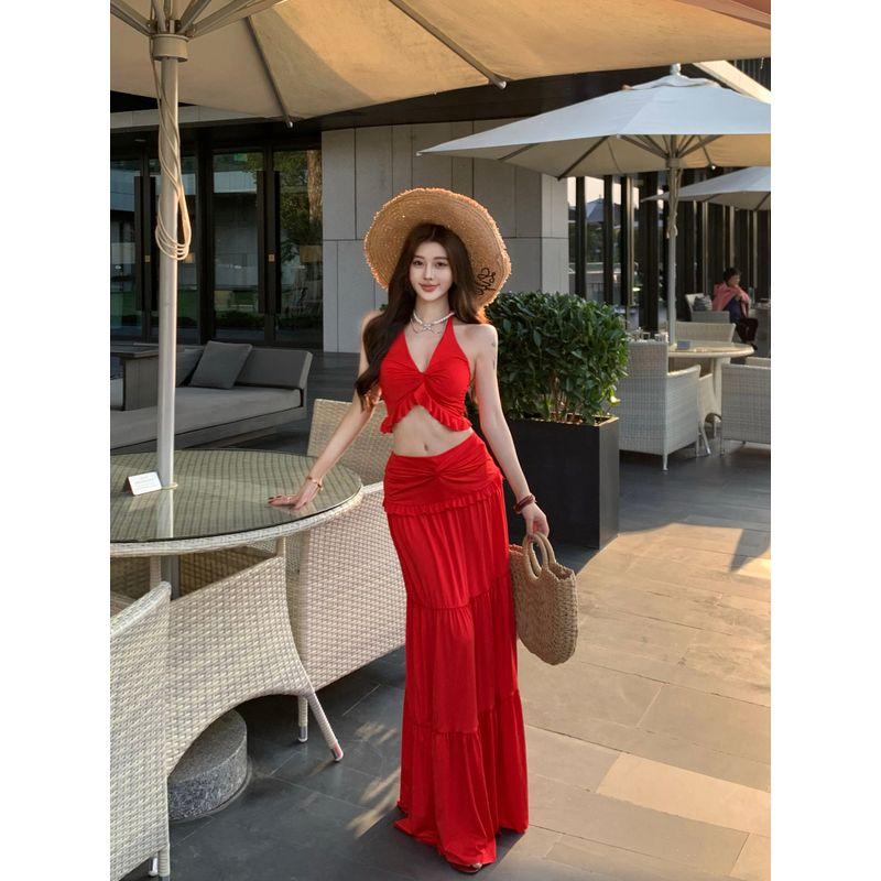 Kumikumi Pure Desire Set Kinky Hanging Neck Cami Women Summer Drape Skirt Big Swing Skirt Two-piece Set