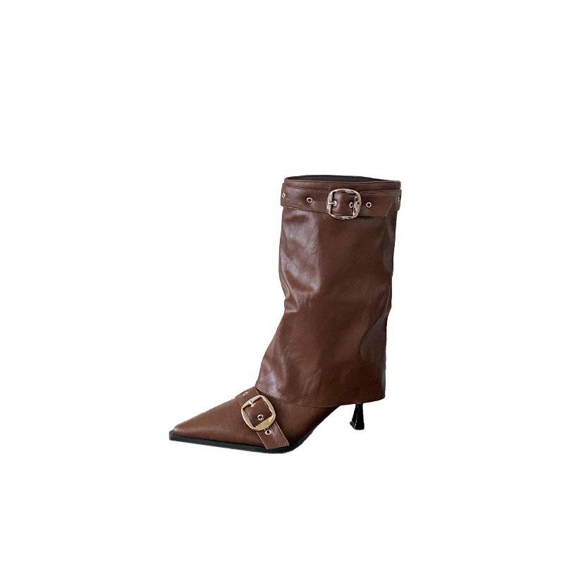 2025 Autumn European and American Style Belt Metal Buckle Pointed Head High Heel Wide Tube Thin Heel Boots