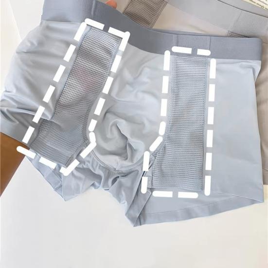 Men Boxer Underwear Mid-rise Elastic Waistband Breathable Mesh Shorts Briefs Solid Color Summer Ice Silk Cooling Panties