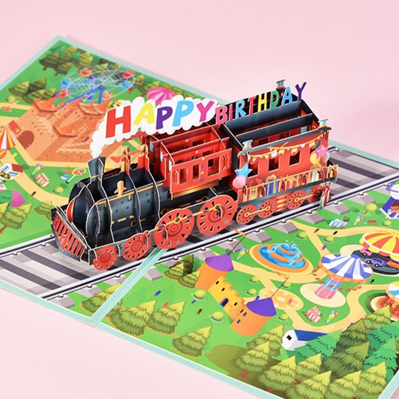 Train 3D Greeting Card Happy Birthday Card with Envelope Creative Fathers Day Gift for Dad Grandad Husband