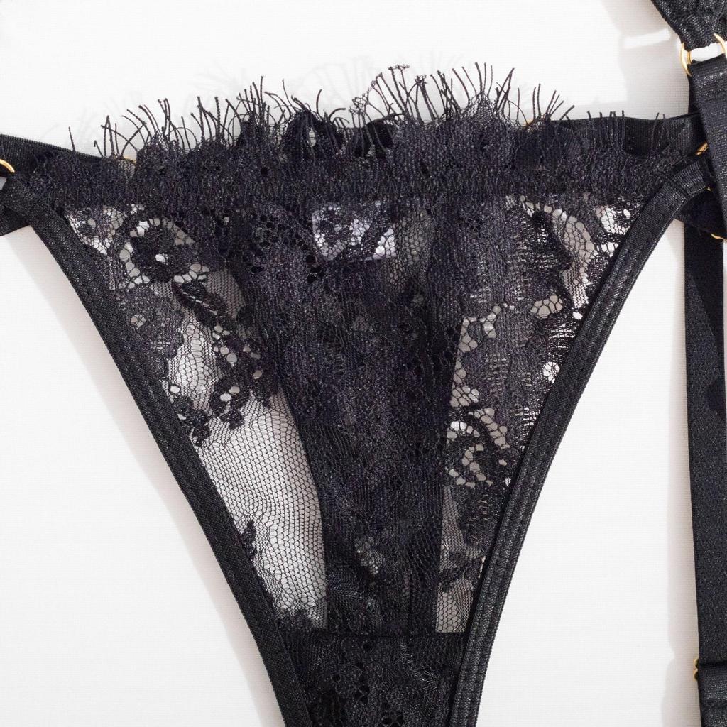 Sensual Lace Trim Thong Leg Garter Set - Ultra-Thin, See-Through, Chest-Minimizing Lingerie