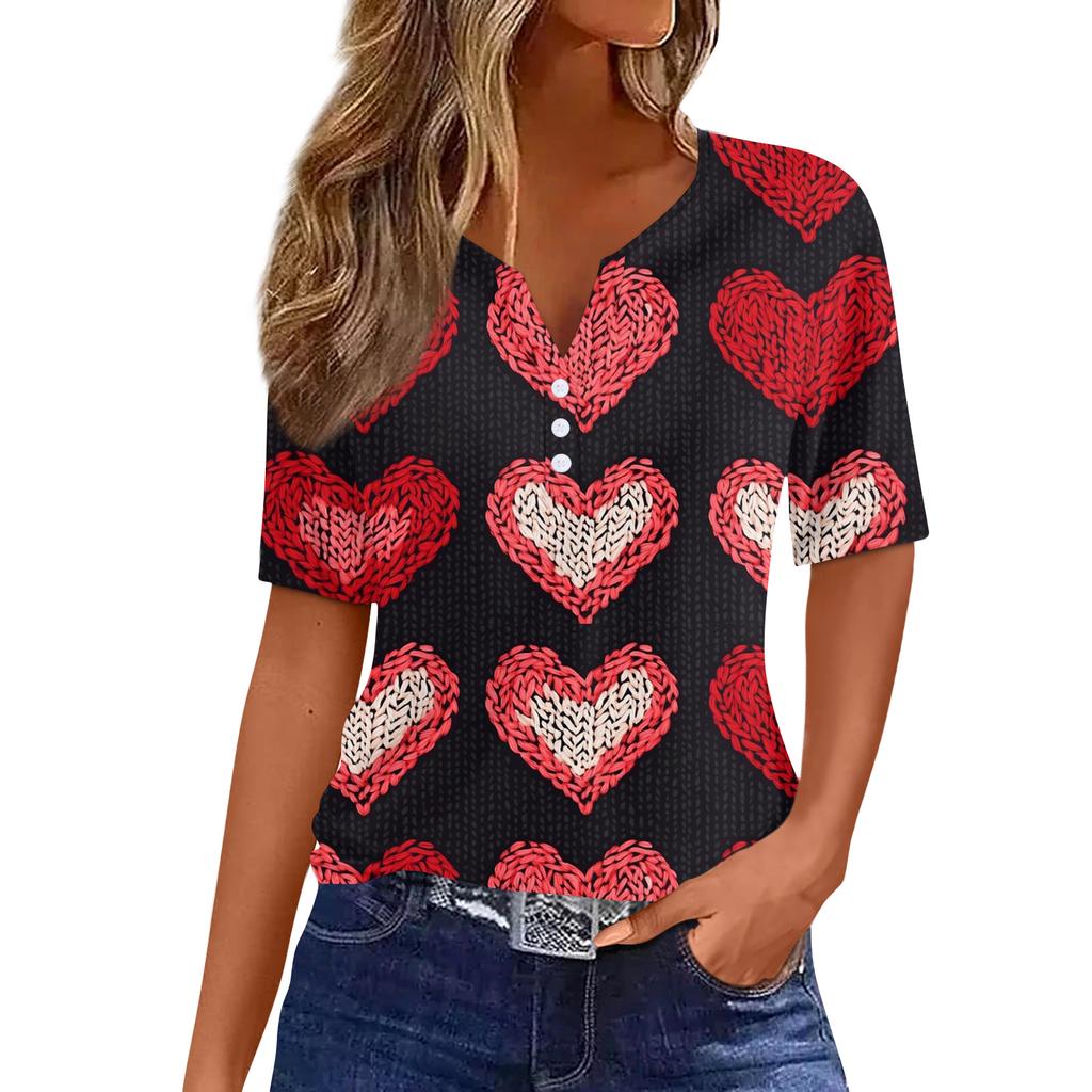 Women's T Shirt Tee Print Button Short Sleeve Daily Weekend Fashion Basic V, Neck Regular Top Valentine's Day